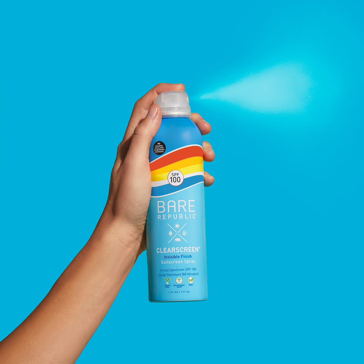 Hand spraying Clearscreen® SPF 100 Sunscreen Body Spray 2